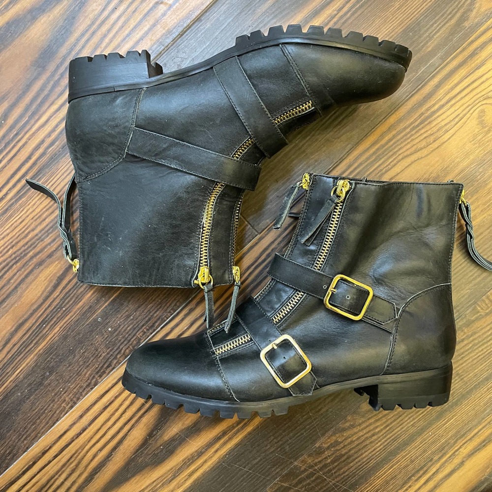 Cynthia Vincent Darby Double Zip & Buckle Moto Lug Sole Boots